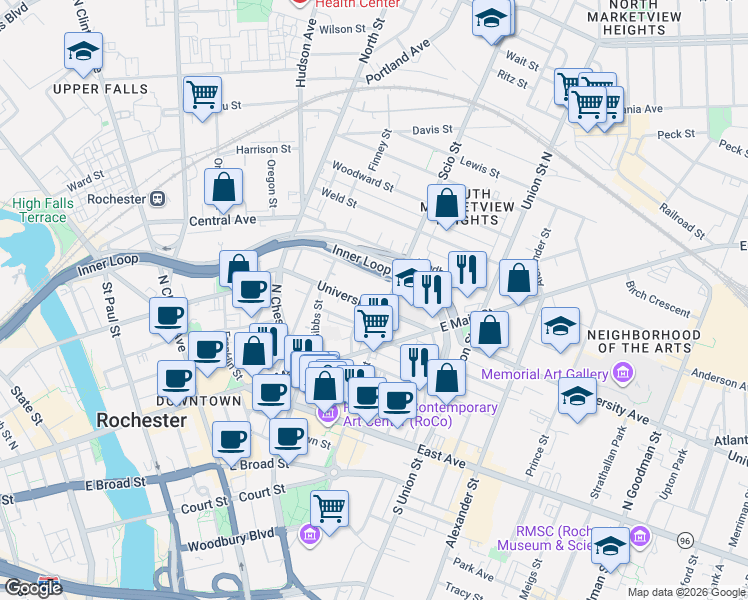 map of restaurants, bars, coffee shops, grocery stores, and more near 146 University Avenue in Rochester