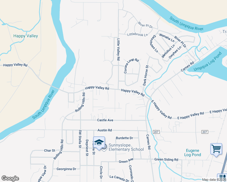 map of restaurants, bars, coffee shops, grocery stores, and more near 3696 Joe Avenue in Roseburg