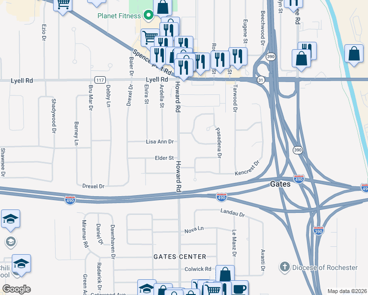 map of restaurants, bars, coffee shops, grocery stores, and more near 174 Howard Road in Rochester