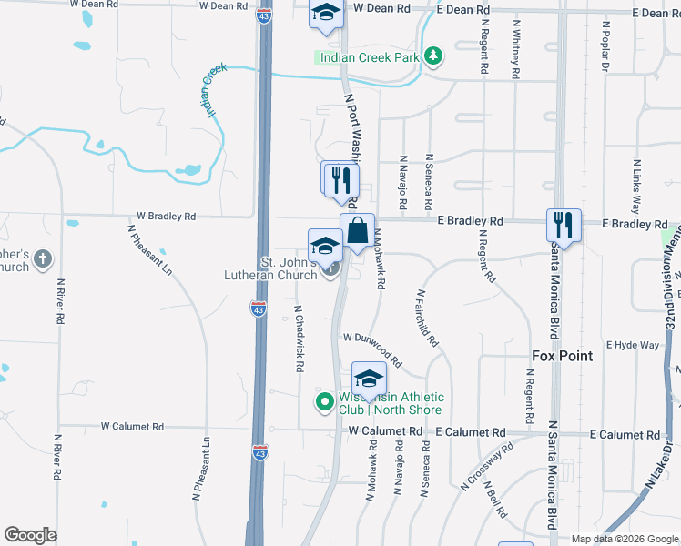 map of restaurants, bars, coffee shops, grocery stores, and more near 7929 North Port Washington Road in Glendale