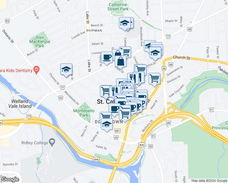 map of restaurants, bars, coffee shops, grocery stores, and more near 63 Church Street in St. Catharines