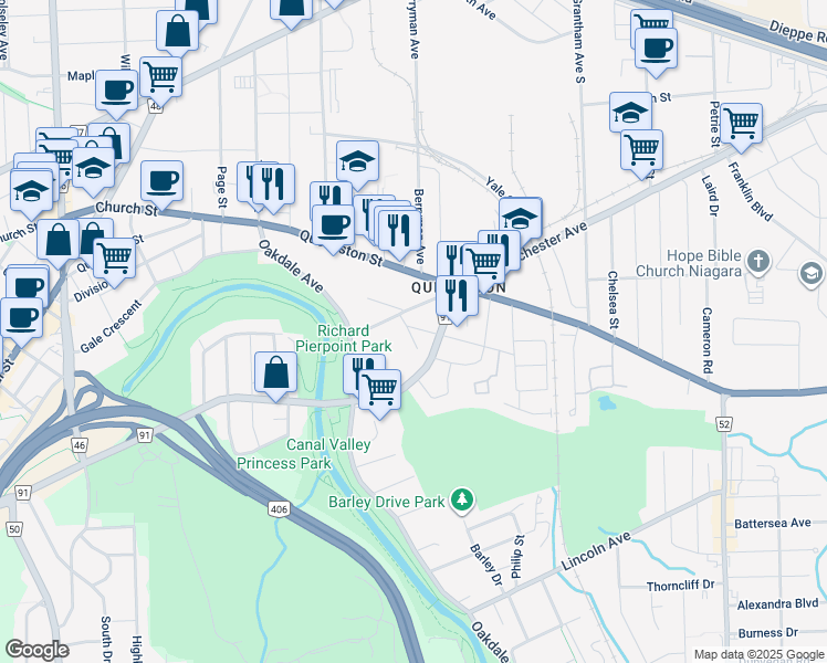 map of restaurants, bars, coffee shops, grocery stores, and more near 2 Herrick Avenue in St. Catharines