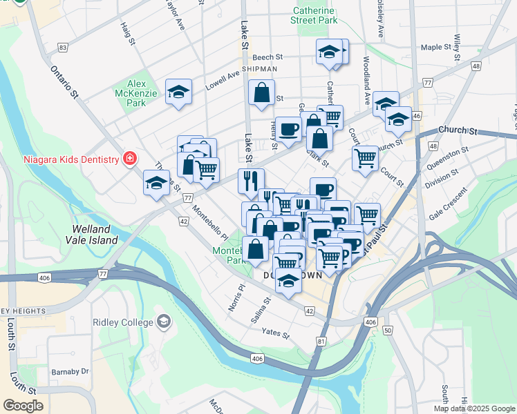 map of restaurants, bars, coffee shops, grocery stores, and more near in St. Catharines