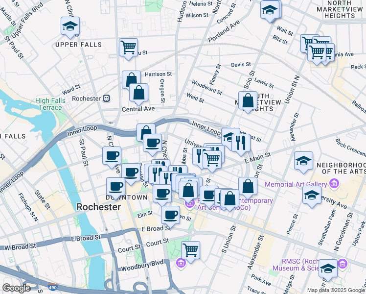 map of restaurants, bars, coffee shops, grocery stores, and more near 90 Grove Street in Rochester