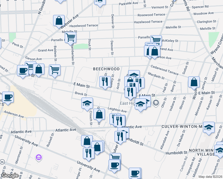 map of restaurants, bars, coffee shops, grocery stores, and more near 30 Quincy Street in Rochester
