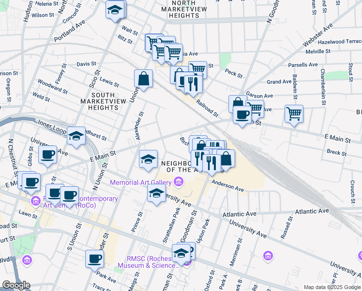 map of restaurants, bars, coffee shops, grocery stores, and more near 919 East Main Street in Rochester
