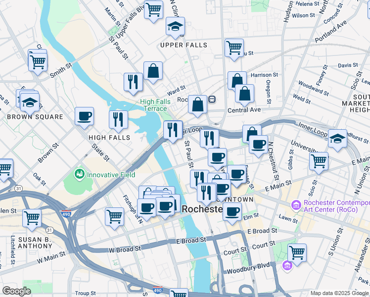map of restaurants, bars, coffee shops, grocery stores, and more near 95 Bittner Street in Rochester