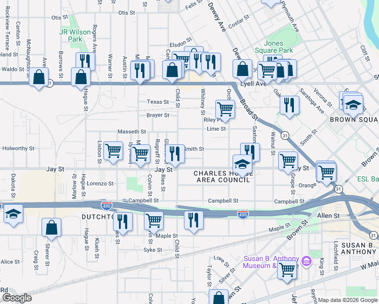 map of restaurants, bars, coffee shops, grocery stores, and more near 444 Child Street in Rochester