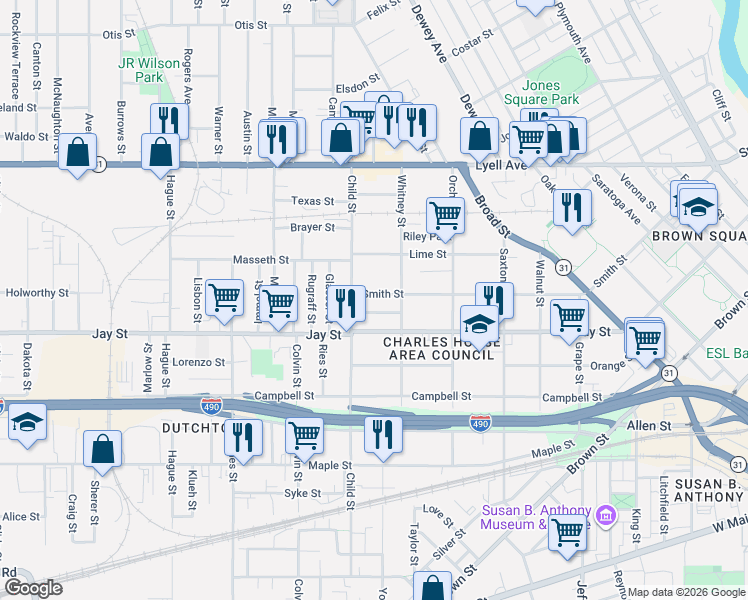 map of restaurants, bars, coffee shops, grocery stores, and more near 444 Child Street in Rochester