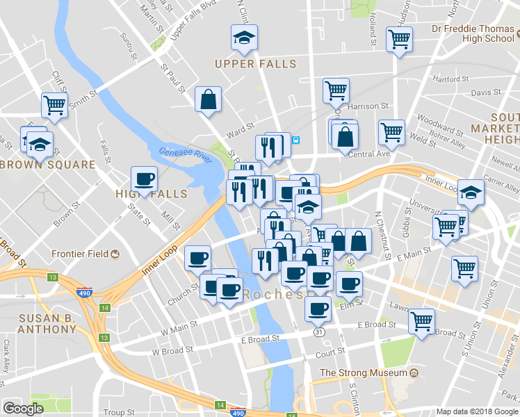 map of restaurants, bars, coffee shops, grocery stores, and more near 181 Saint Paul Street in Rochester