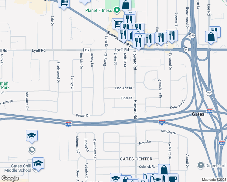 map of restaurants, bars, coffee shops, grocery stores, and more near 185 Elvira Street in Rochester