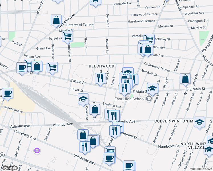 map of restaurants, bars, coffee shops, grocery stores, and more near 30 Quincy Street in Rochester