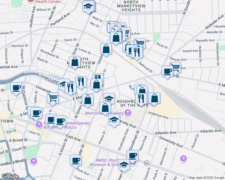 map of restaurants, bars, coffee shops, grocery stores, and more near 817 East Main Street in Rochester