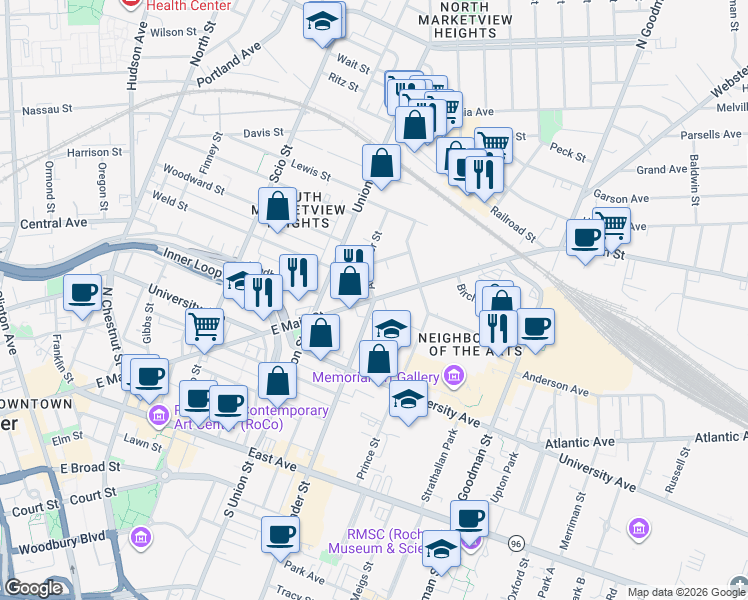 map of restaurants, bars, coffee shops, grocery stores, and more near East Main Street & Alexander Street in Rochester