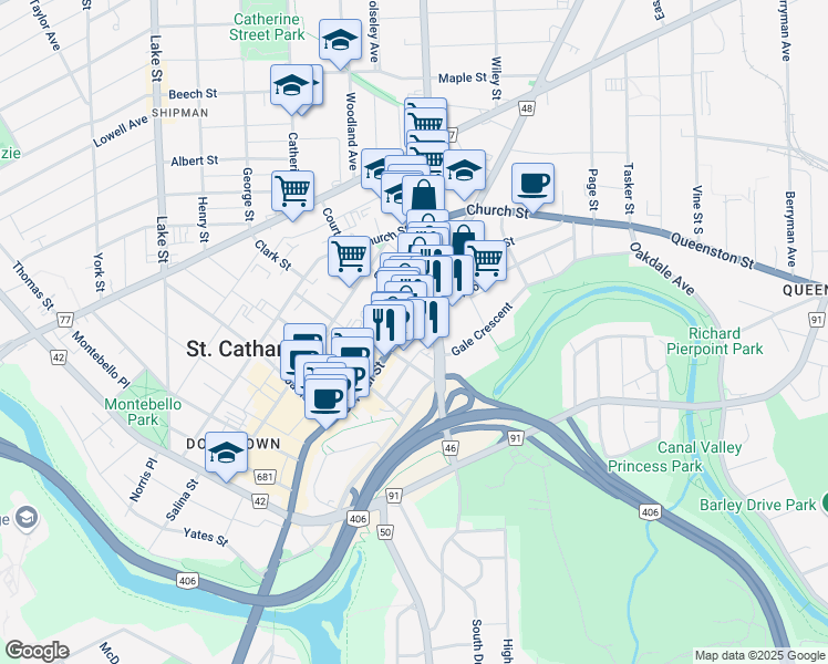 map of restaurants, bars, coffee shops, grocery stores, and more near 386 Saint Paul Street in Saint Catharines