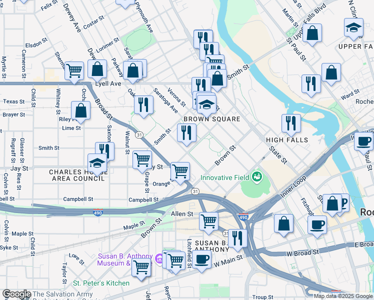 map of restaurants, bars, coffee shops, grocery stores, and more near 190 Jay St in Rochester