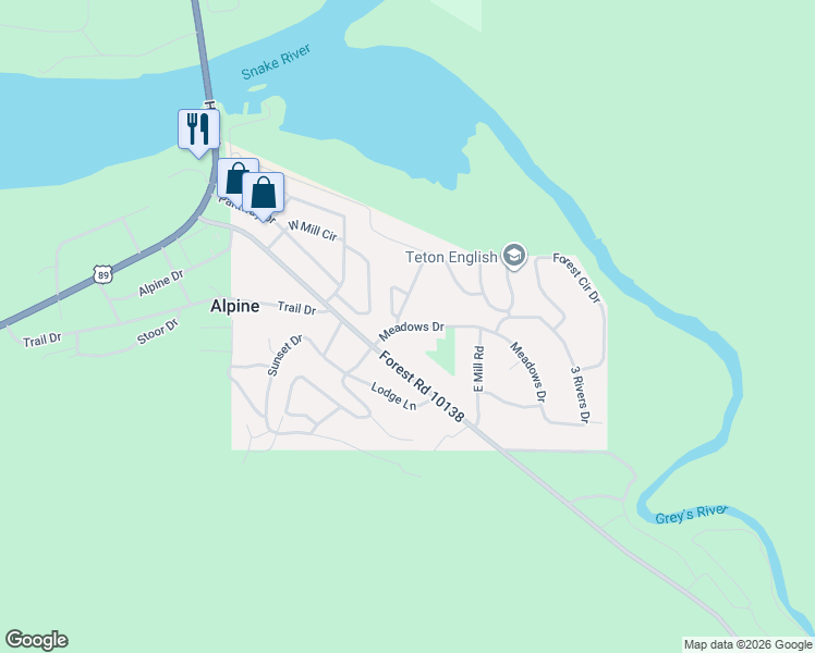 map of restaurants, bars, coffee shops, grocery stores, and more near 287 Sawmill Road in Alpine