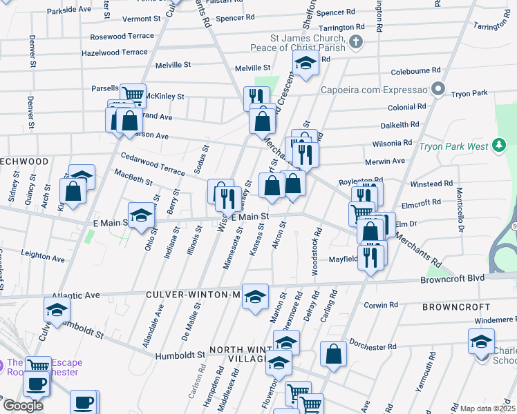 map of restaurants, bars, coffee shops, grocery stores, and more near 681 Cedarwood Terrace in Rochester