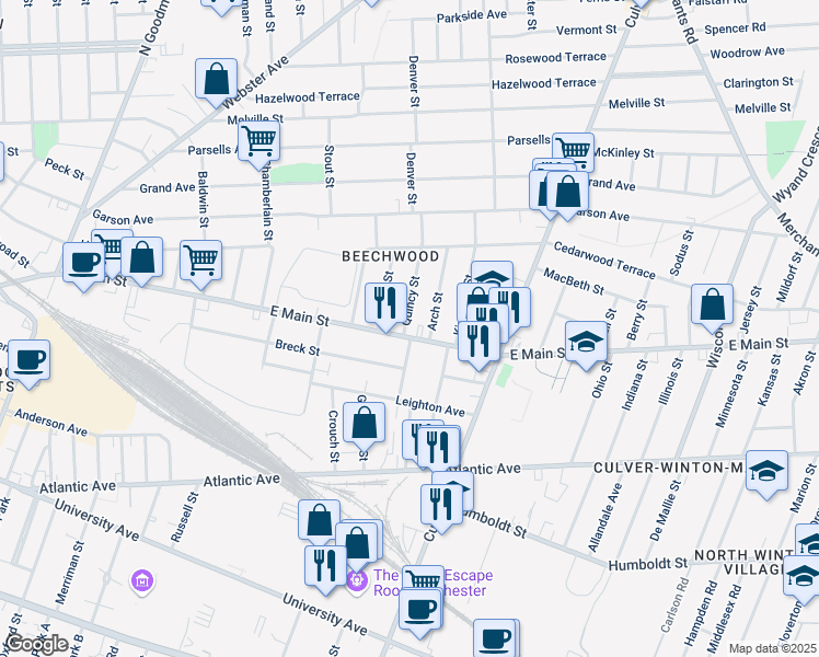 map of restaurants, bars, coffee shops, grocery stores, and more near 30 Quincy Street in Rochester