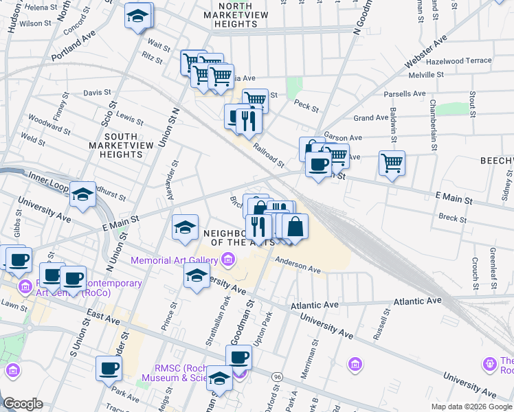 map of restaurants, bars, coffee shops, grocery stores, and more near One Circle Street in Rochester
