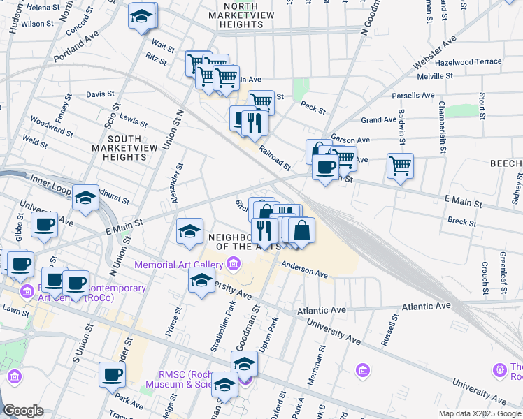 map of restaurants, bars, coffee shops, grocery stores, and more near One Circle Street in Rochester