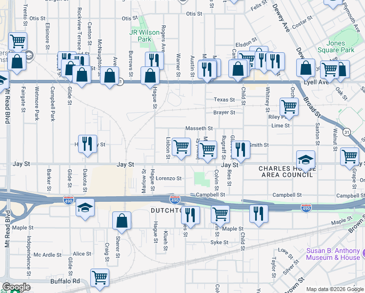 map of restaurants, bars, coffee shops, grocery stores, and more near 531 Ames Street in Rochester