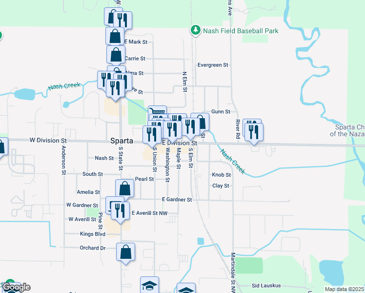 map of restaurants, bars, coffee shops, grocery stores, and more near 241 East Division Street in Sparta