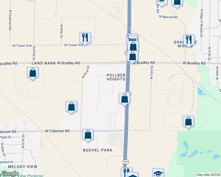 map of restaurants, bars, coffee shops, grocery stores, and more near 7837 North 78th Street in Milwaukee