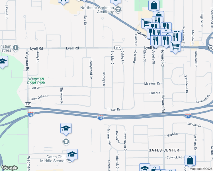 map of restaurants, bars, coffee shops, grocery stores, and more near 65 Barney Lane in Rochester