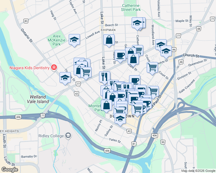map of restaurants, bars, coffee shops, grocery stores, and more near in St. Catharines