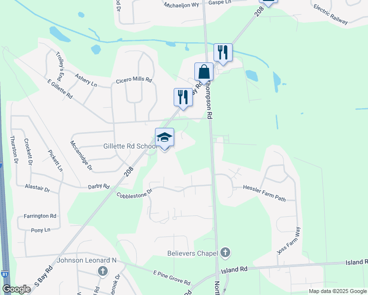 map of restaurants, bars, coffee shops, grocery stores, and more near 6150 South Bay Road in Cicero
