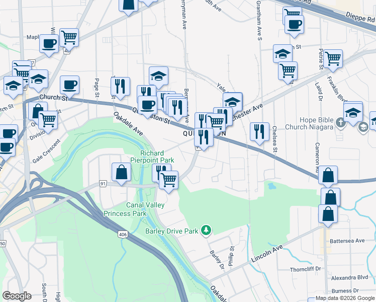 map of restaurants, bars, coffee shops, grocery stores, and more near 9 Herrick Avenue in Saint Catharines