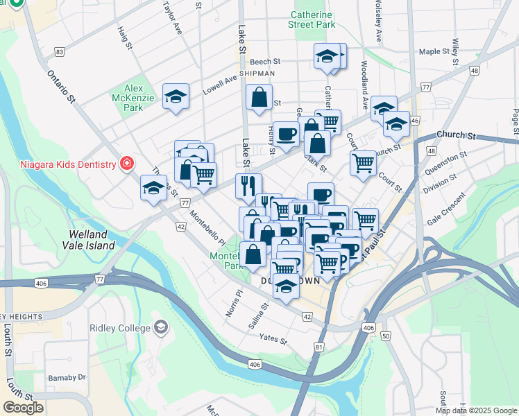 map of restaurants, bars, coffee shops, grocery stores, and more near 26 Wellington Street in St. Catharines