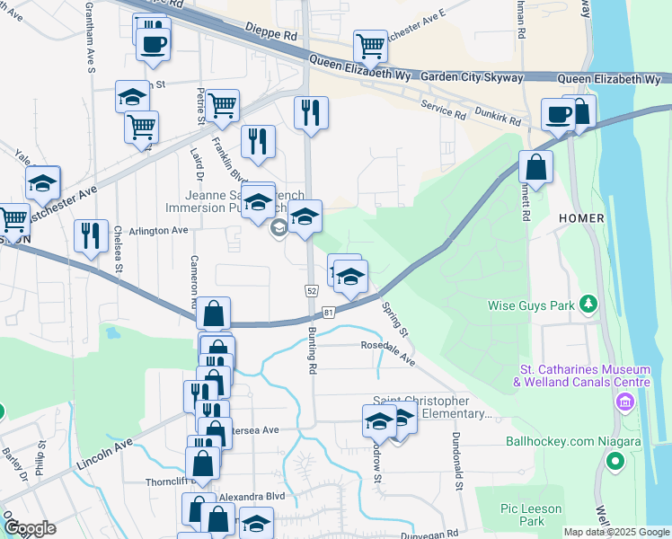 map of restaurants, bars, coffee shops, grocery stores, and more near 46 Chloe Street in St. Catharines
