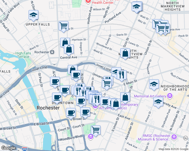 map of restaurants, bars, coffee shops, grocery stores, and more near 174 Gibbs Street in Rochester