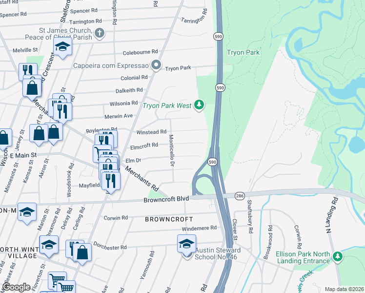 map of restaurants, bars, coffee shops, grocery stores, and more near 160 Elmcroft Road in Rochester