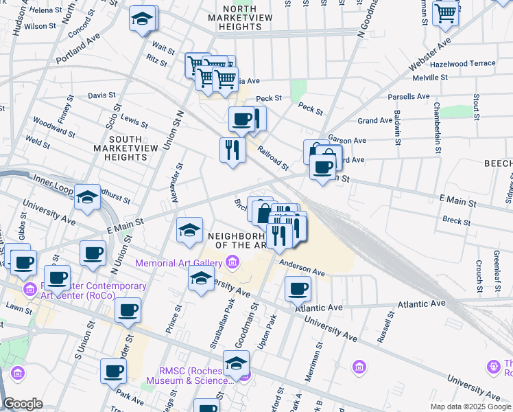 map of restaurants, bars, coffee shops, grocery stores, and more near One Circle Street in Rochester