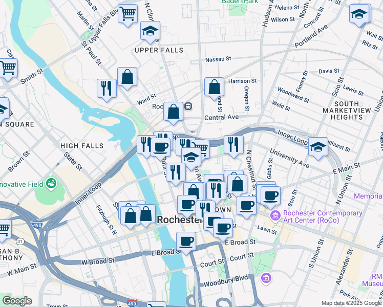 map of restaurants, bars, coffee shops, grocery stores, and more near 175 North Clinton Avenue in Rochester