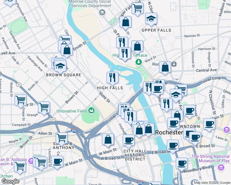 map of restaurants, bars, coffee shops, grocery stores, and more near 42 Brown Street in Rochester