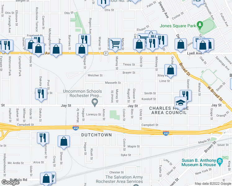 map of restaurants, bars, coffee shops, grocery stores, and more near 25 Immel Street in Rochester