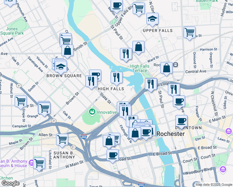 map of restaurants, bars, coffee shops, grocery stores, and more near 208 Mill Street in Rochester