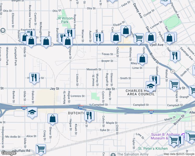 map of restaurants, bars, coffee shops, grocery stores, and more near 57 Murray Street in Rochester