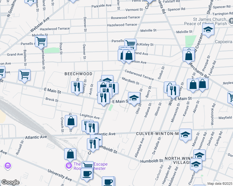 map of restaurants, bars, coffee shops, grocery stores, and more near 884 Culver Road in Rochester