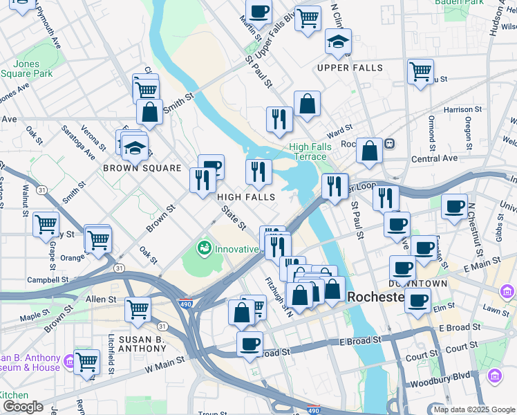 map of restaurants, bars, coffee shops, grocery stores, and more near 208 Mill Street in Rochester