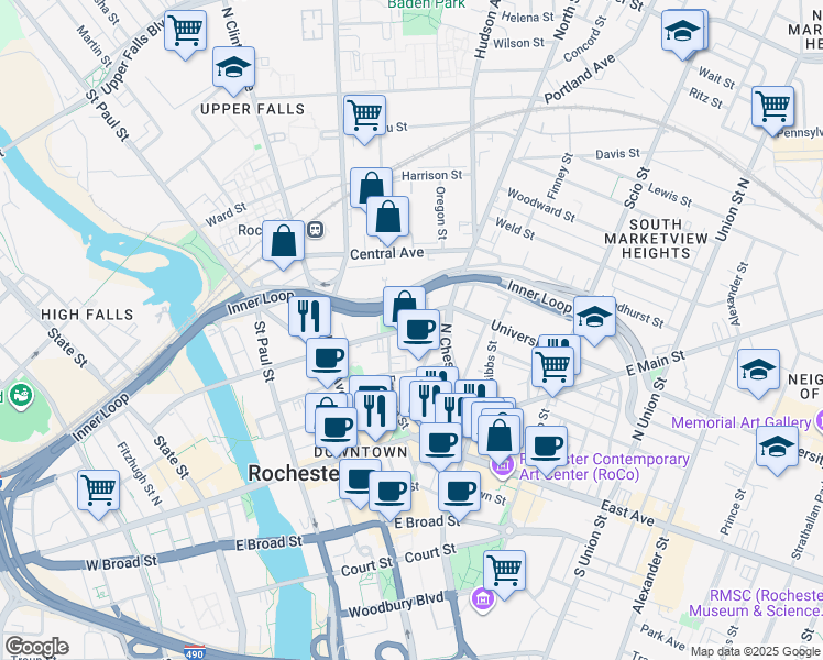 map of restaurants, bars, coffee shops, grocery stores, and more near 397 Andrews Street in Rochester