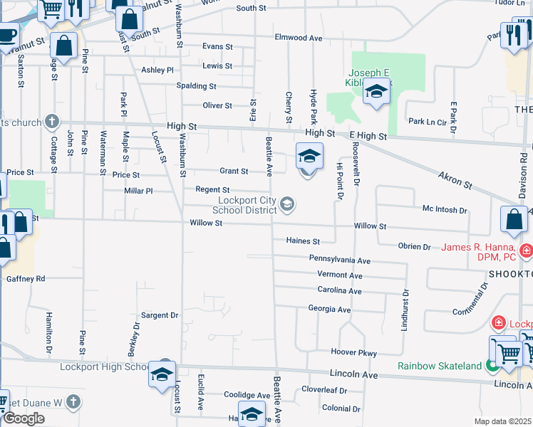 map of restaurants, bars, coffee shops, grocery stores, and more near 129 Beattie Avenue in Lockport