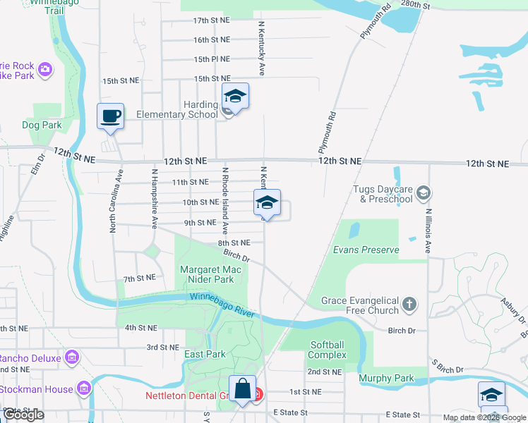 map of restaurants, bars, coffee shops, grocery stores, and more near N Kentucky Ave in Mason City
