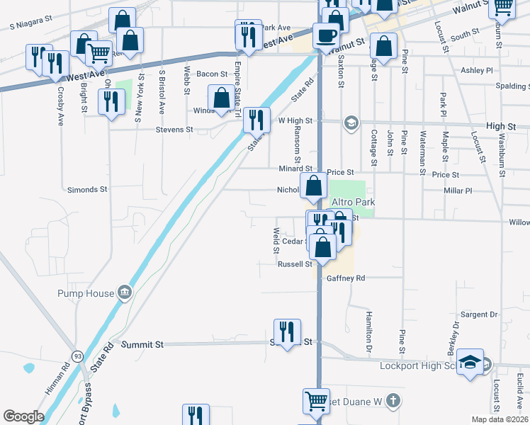 map of restaurants, bars, coffee shops, grocery stores, and more near 115 Willow Street in Lockport