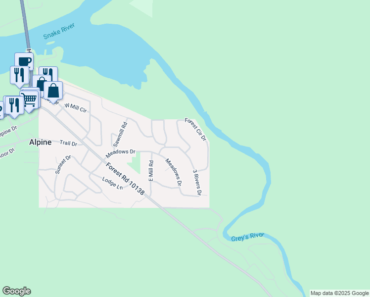 map of restaurants, bars, coffee shops, grocery stores, and more near 3 Rivers Dr in Alpine