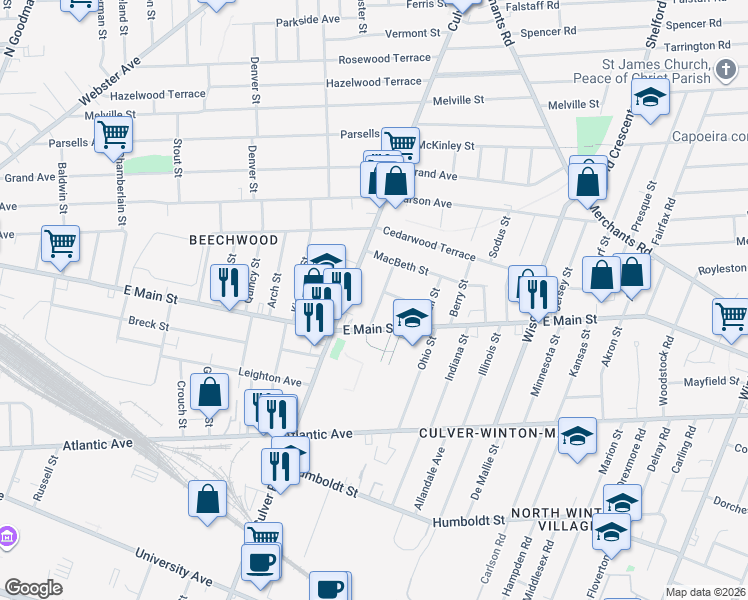 map of restaurants, bars, coffee shops, grocery stores, and more near 884 Culver Road in Rochester